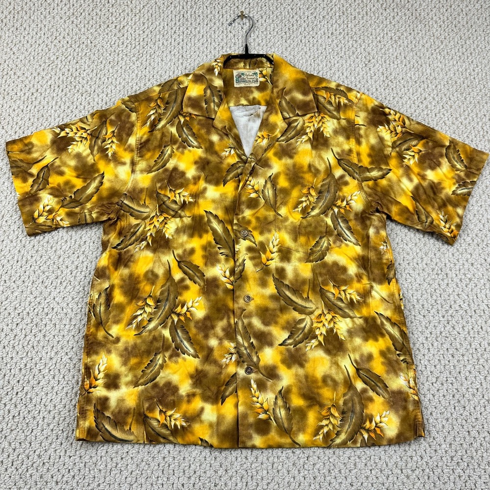 Vtg Island Casuals Shirt Men S Gold/Brown Loop Collar Tropical Leaf Feathers 60s